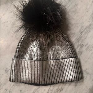 Jocelyn Silver and Black REAL FOX FUR Pom-pom Hat